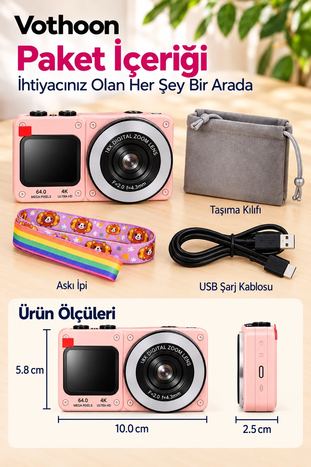 4K Dijital Fotoğraf Makinesi 18X Dijital Zoom 64 MP Ön ve Arka Ekranlı Kompakt Kamera Pembe görsel 5