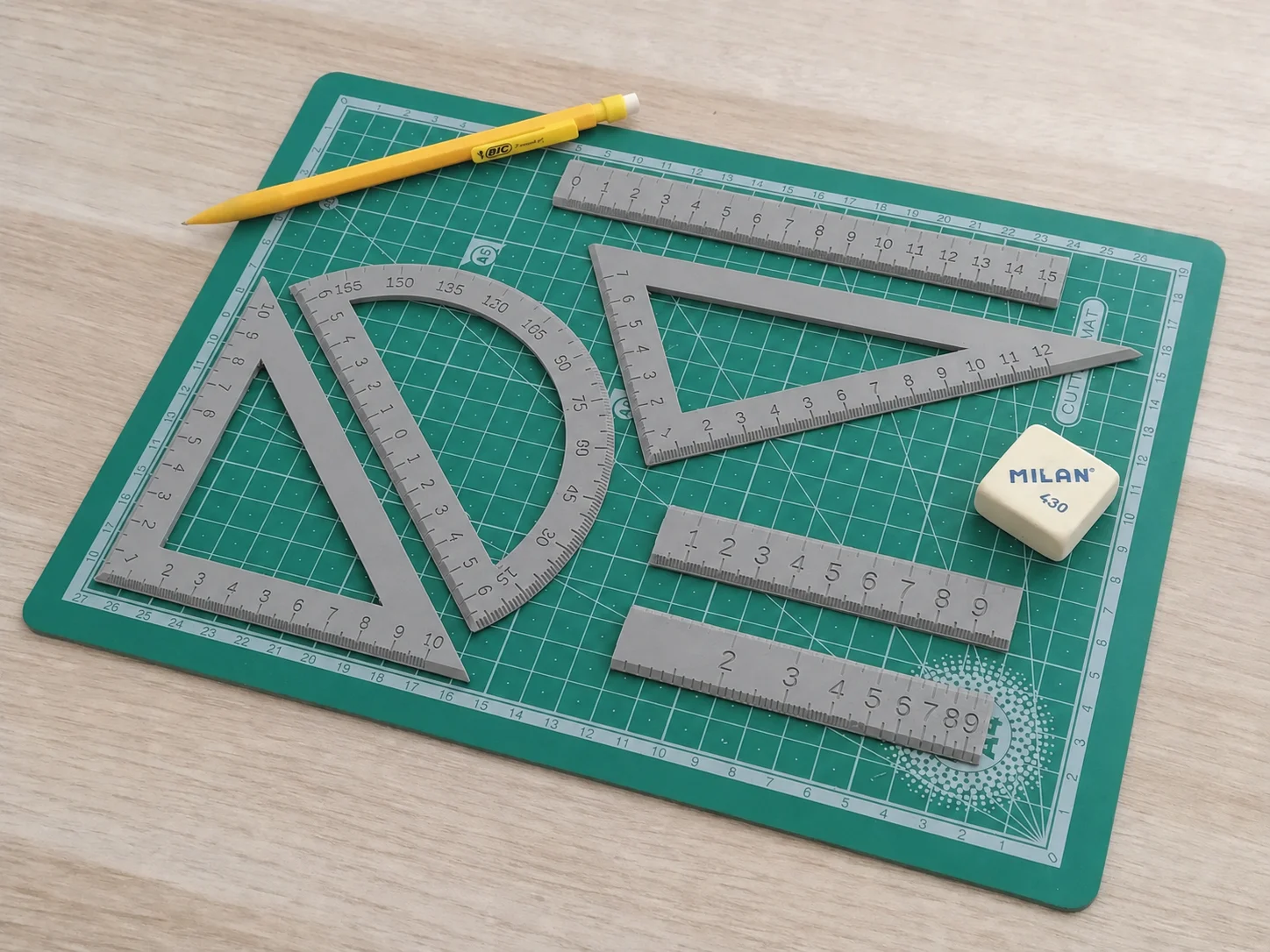 3D Baskı Geometri Cetvel Seti - İletki, Gönye ve Ölçüm Araçları - Gri