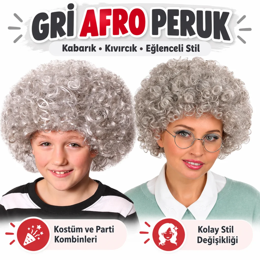 Gri Renk Kabarık Bonus Peruk Afro Takma Saç görsel 3