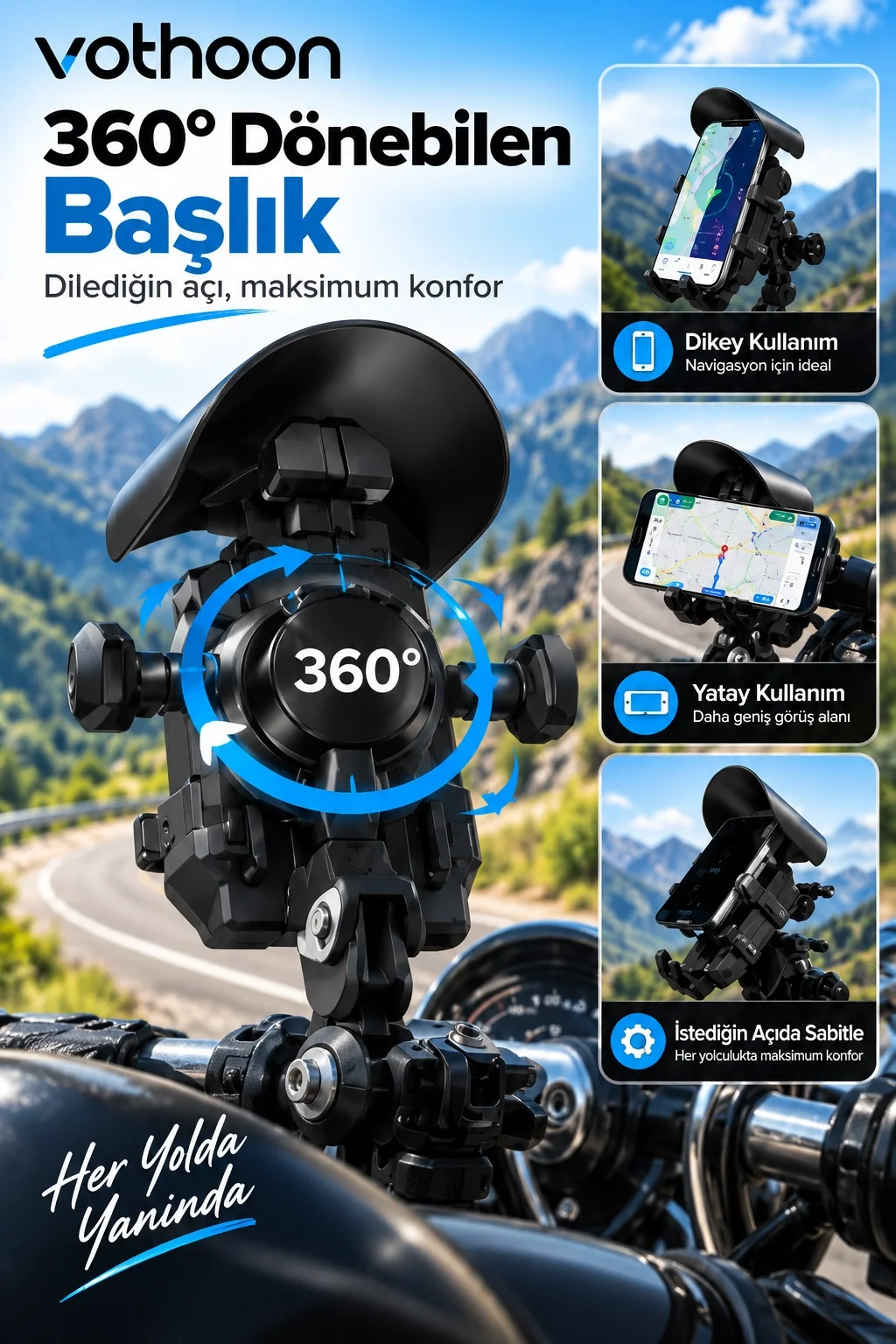 Şarjlı Motosiklet Telefon Tutucu Güneş ve Yağmur Korumalı 15W Kablosuz 360° Döner Gidon ve Ayna Bağlantılı görsel 2