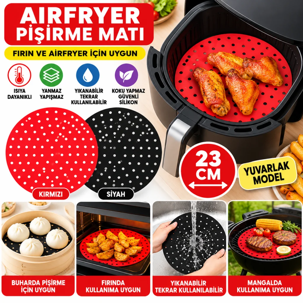 Siyah Isıya Dayanıklı Yıkanılabilir Silikon Fırın Ve Airfryer Yuvarlak Model Pişirme Matı 23 Cm
