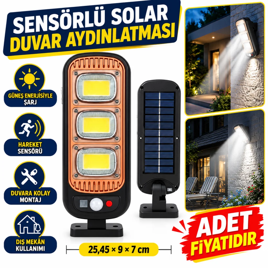 Sensörlü Güneş Enerjisi İle Şarj Olabilen Duvara Monte Solar Aydınlatma GL-84069 (adet fiyatıdır)