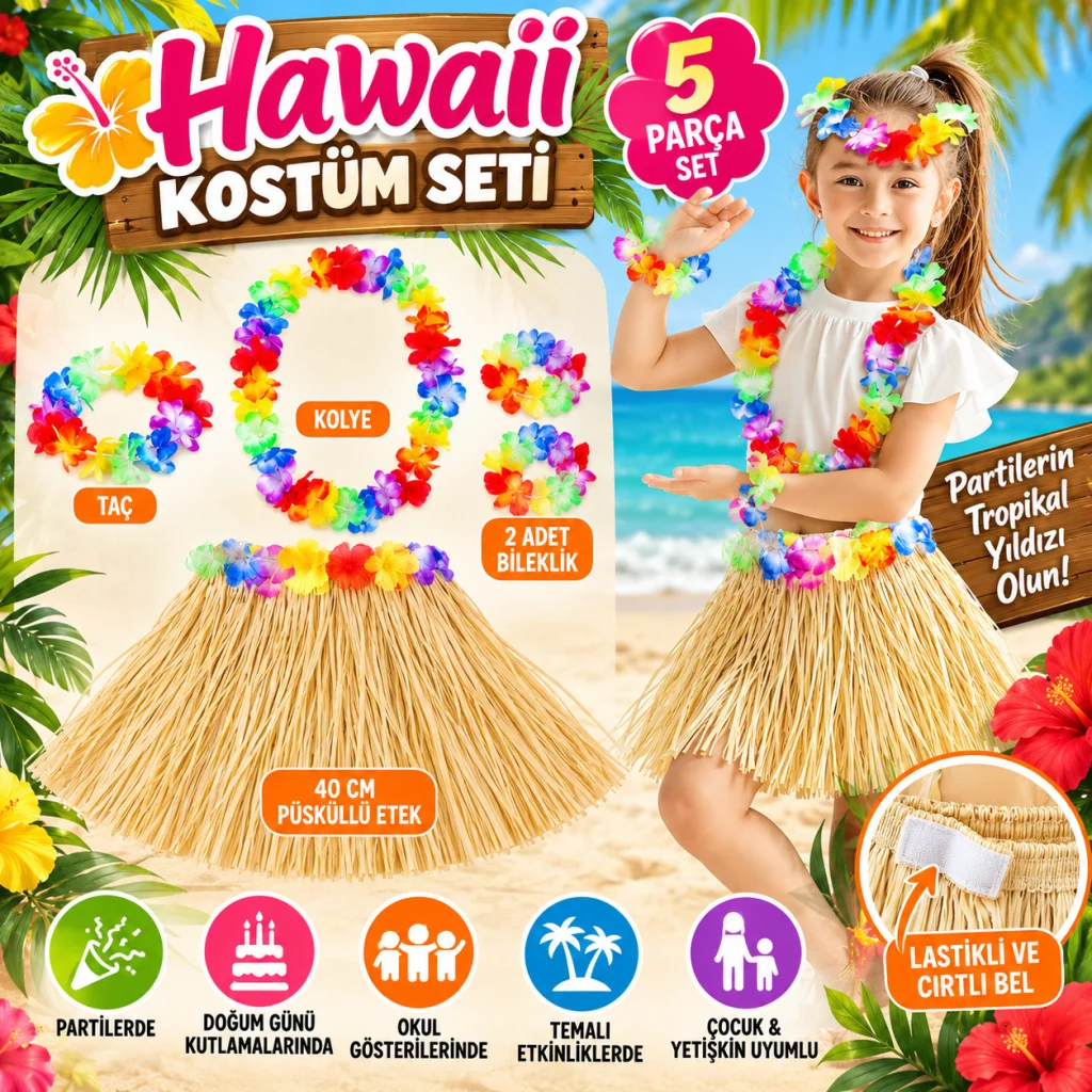 Yetişkin Çocuk Hawaii Parti Seti - 40 cm Naturel Etek + Çiçek Aksesuarlar (5 Parça) görsel 2