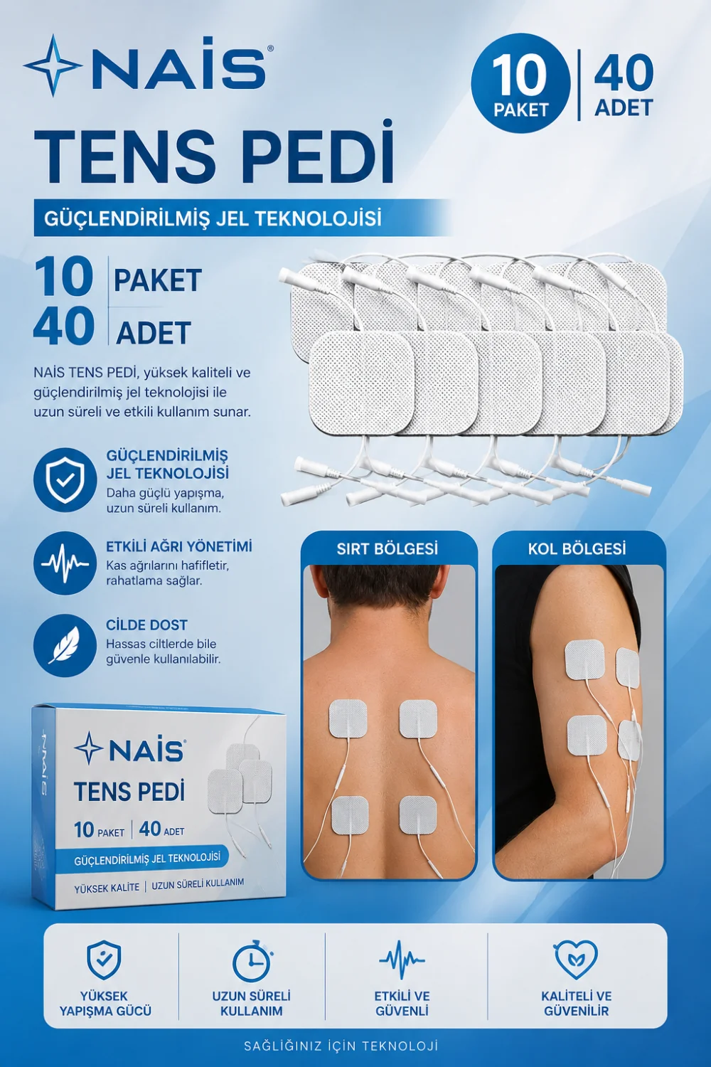 10 Paket, 40 Adet NAİS GOLD Tens Elektrod Pedi 5x5 cm Extra Güçlendirilmiş Yapışkanlı Kumaş, TENS Pedi Elektrot – Cilt Dostu Jel – Yüksek İletkenlik – TENS Cihazları ile Uyumlu