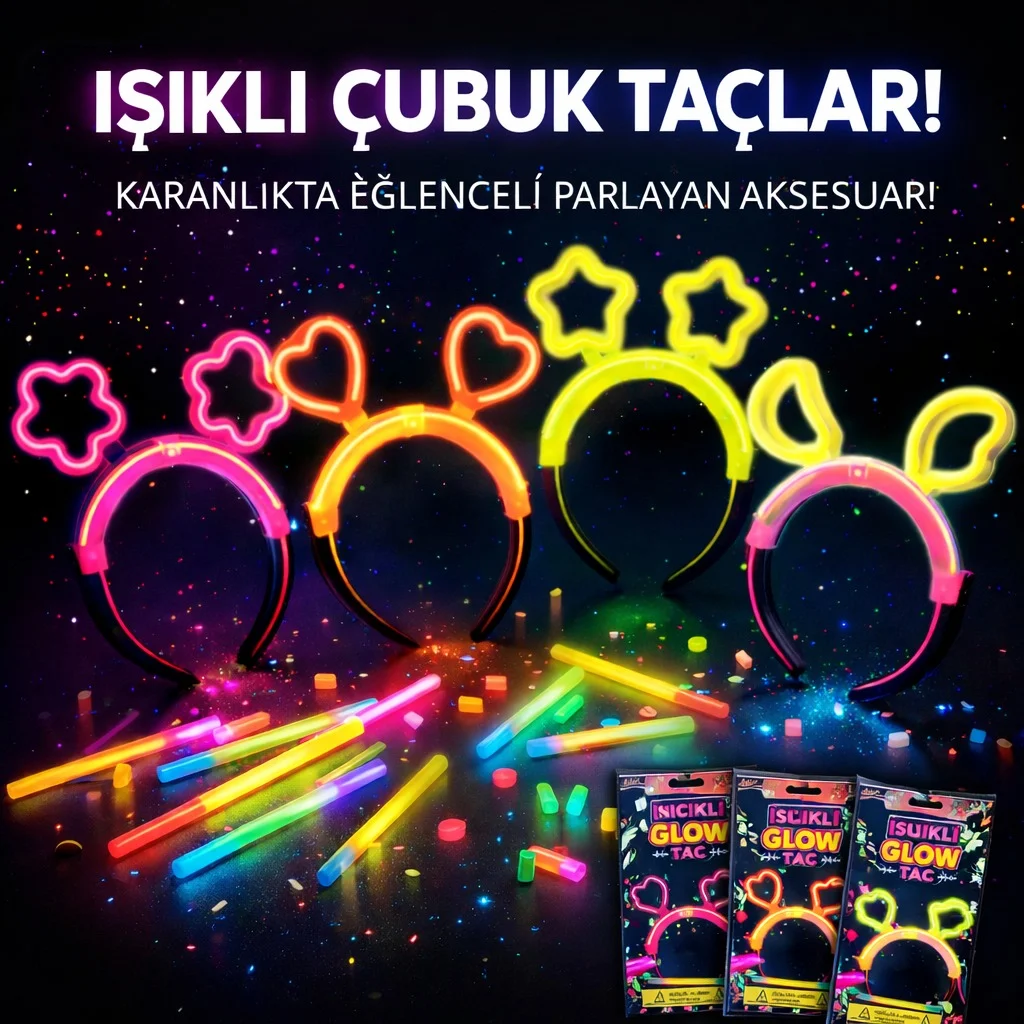 Karanlıkta Parlayan Glow Taç Seti 12 Adet – Yıldız Kalp Ay Çiçek (Her Model 3 Adet) görsel 2