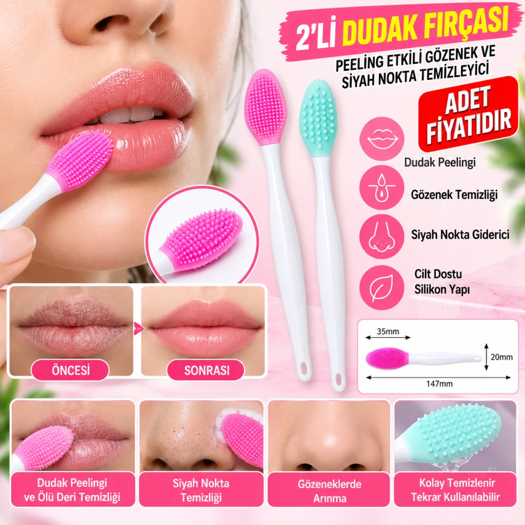 2 Adet Dudak Fırçası Peeling Etkili Gözenek Siyah Nokta Temizleyici Akne Giderici Çift Yönl