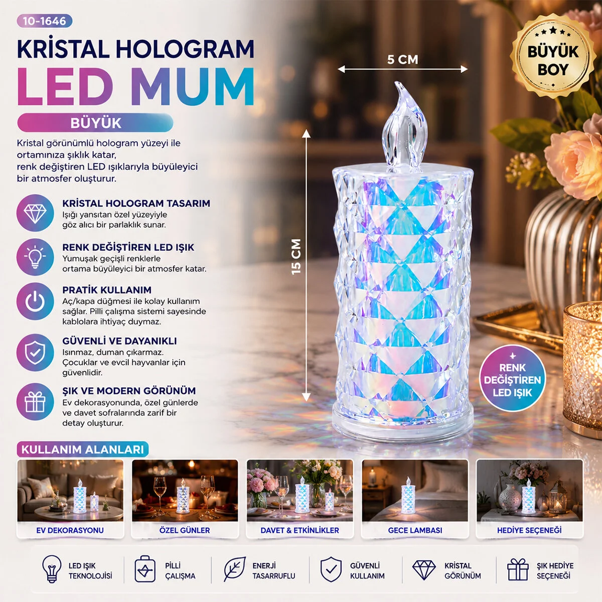 12 Adet Led Candle Kamp Büyük Boy= ÇAP:5CM - Y: 16CM Pilli Led Mum ka Kristal Plastik YAKUT-13637 görsel 2