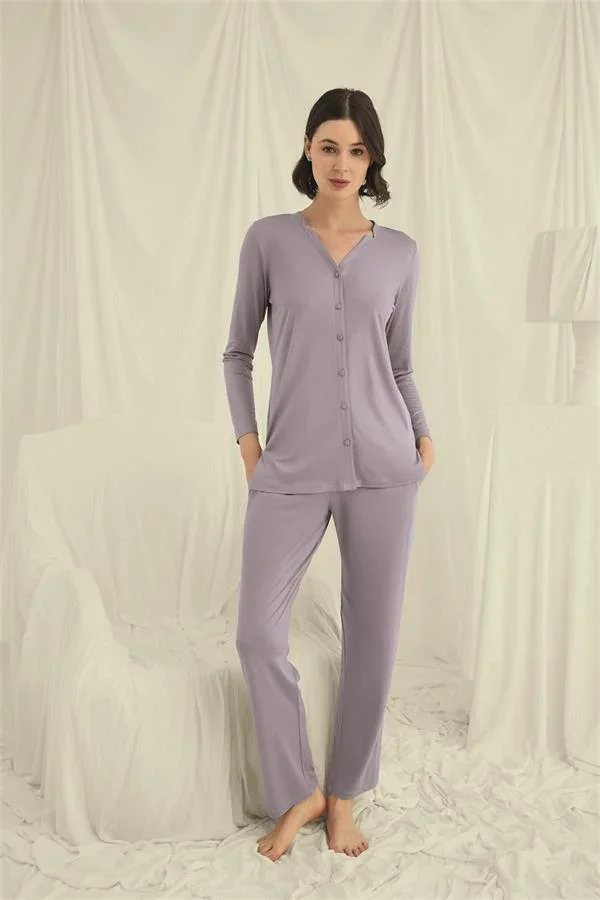 Uzun Kollu Boydan Düğmeli V Yaka Pijama Takımı