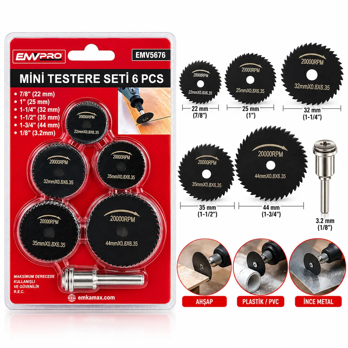 6PCS Mini Testere Set 7/8 INC-22MM - 1 INC-25MM - 1-1/4 INC-32MM - 1-1/2 INC-35MM - 1-3/4 Inc- 44MM - 1/8 INC--3.2MM