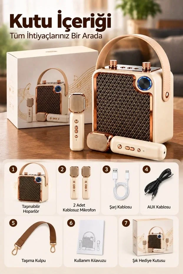 Bluetooth Karaoke Hoparlör 2 Mikrofonlu Taşınabilir Şarjlı Müzik Seti Ses Değiştirme Özl görsel 4