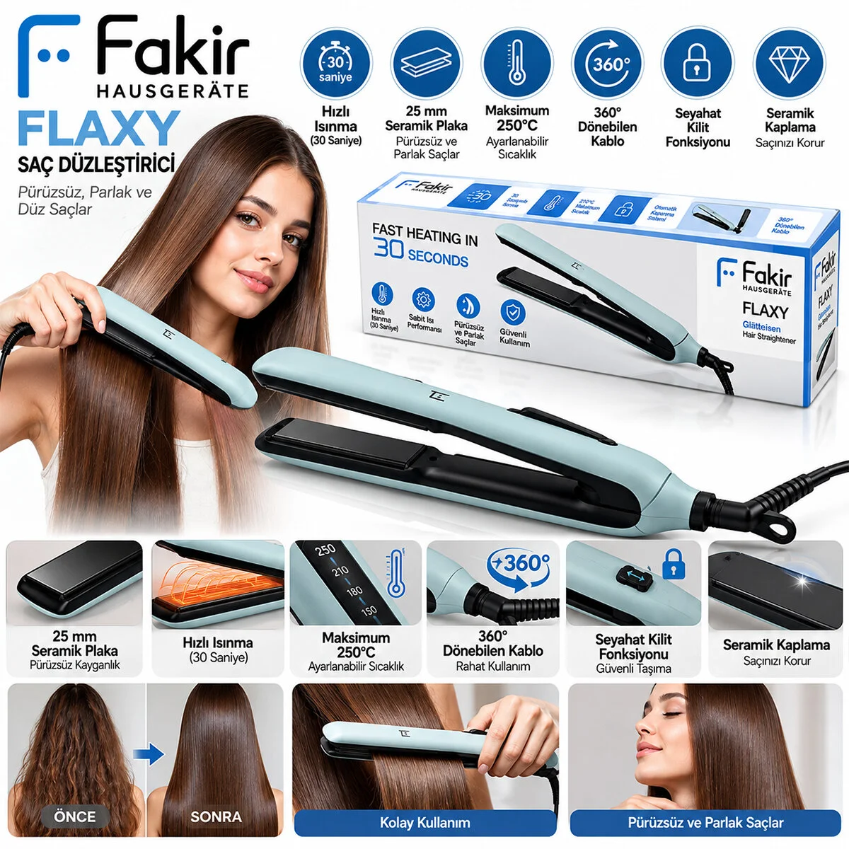 25MM Seramik Plaka Hızlı Isınma - 360° Dönebilen Kablo Max 210° Sıcaklık Saç Düzleştirici Flaxy görsel 2