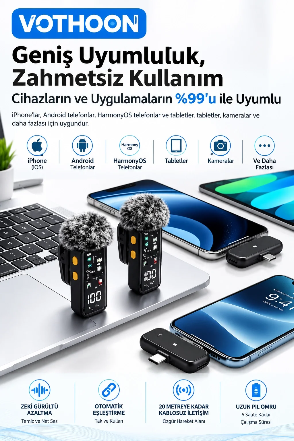 Yüksek Kalite Kablosuz Yaka krofonu – Type-C Lightning Uyumlu Profesyonel Anc Özellikli görsel 2
