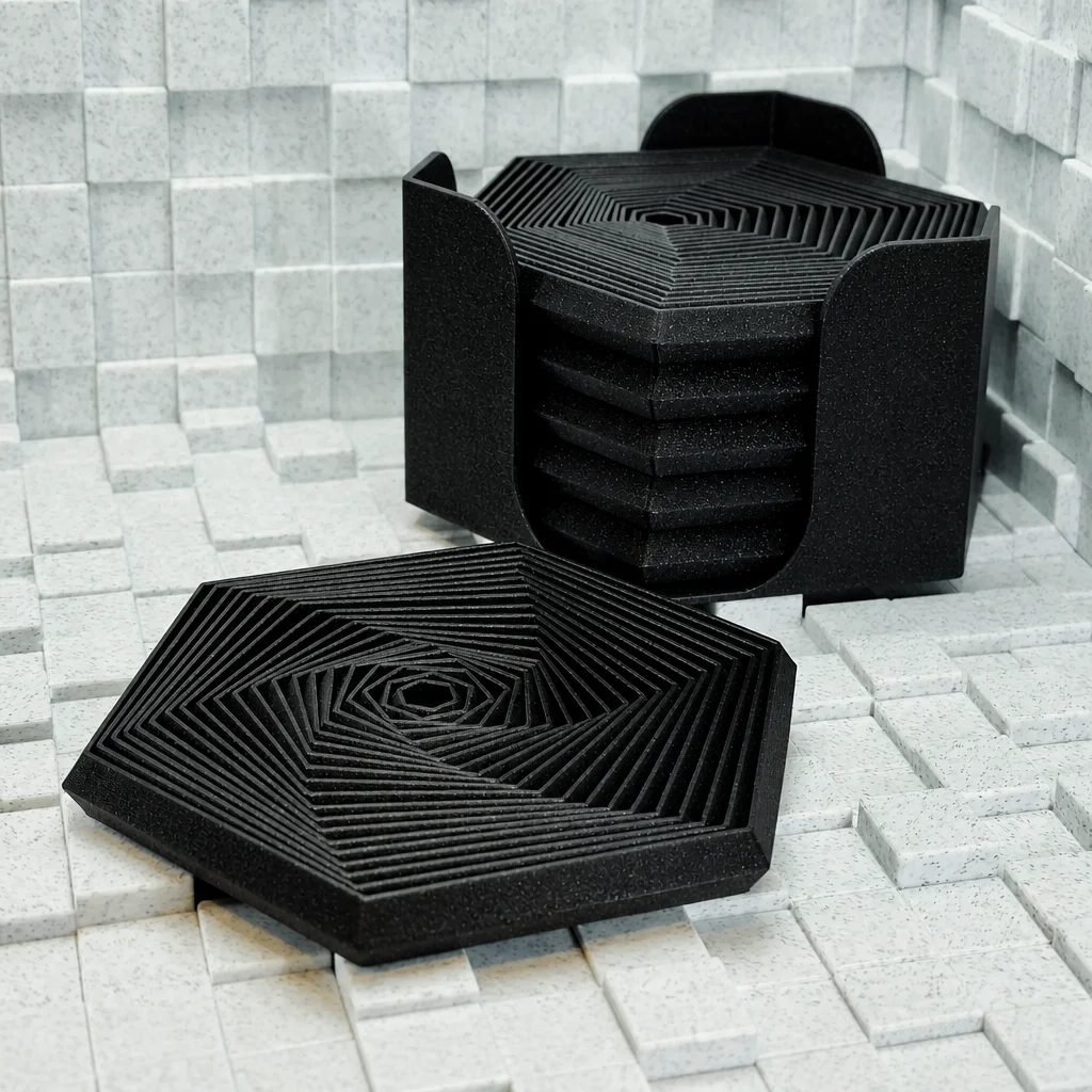 3D Baskı Super Fidget Coaster Seti - Altıgen Desenli Bardak Altlığı ve Tutucu-Siyah