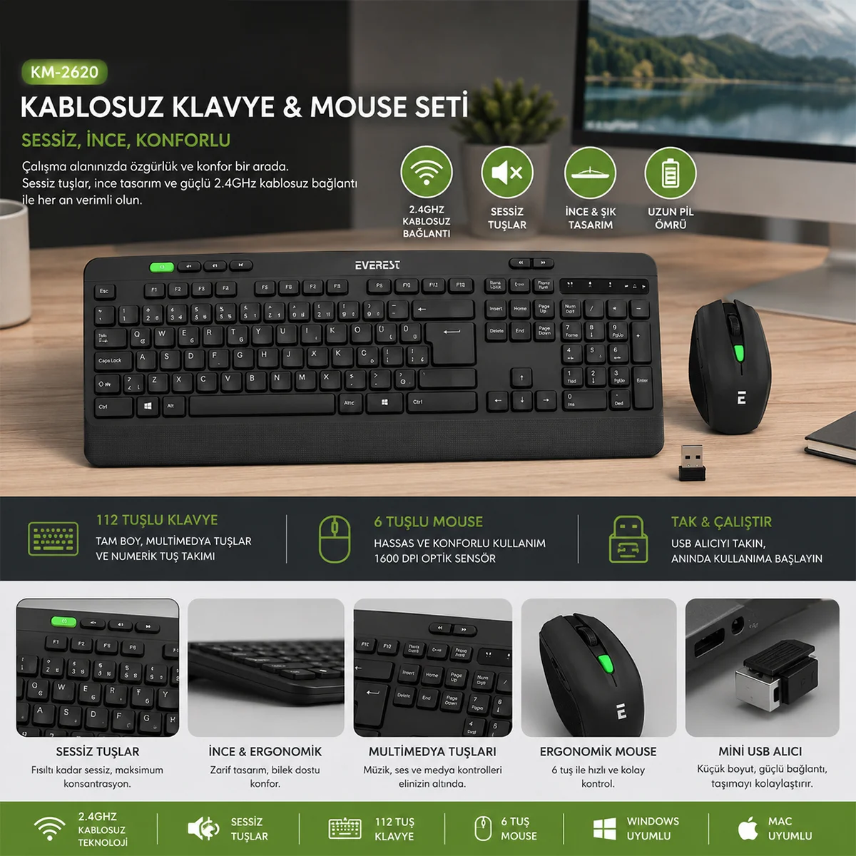 Kablosuz Klavye Mouse Seti (USB, Sessiz, Q Klavye) görsel 3