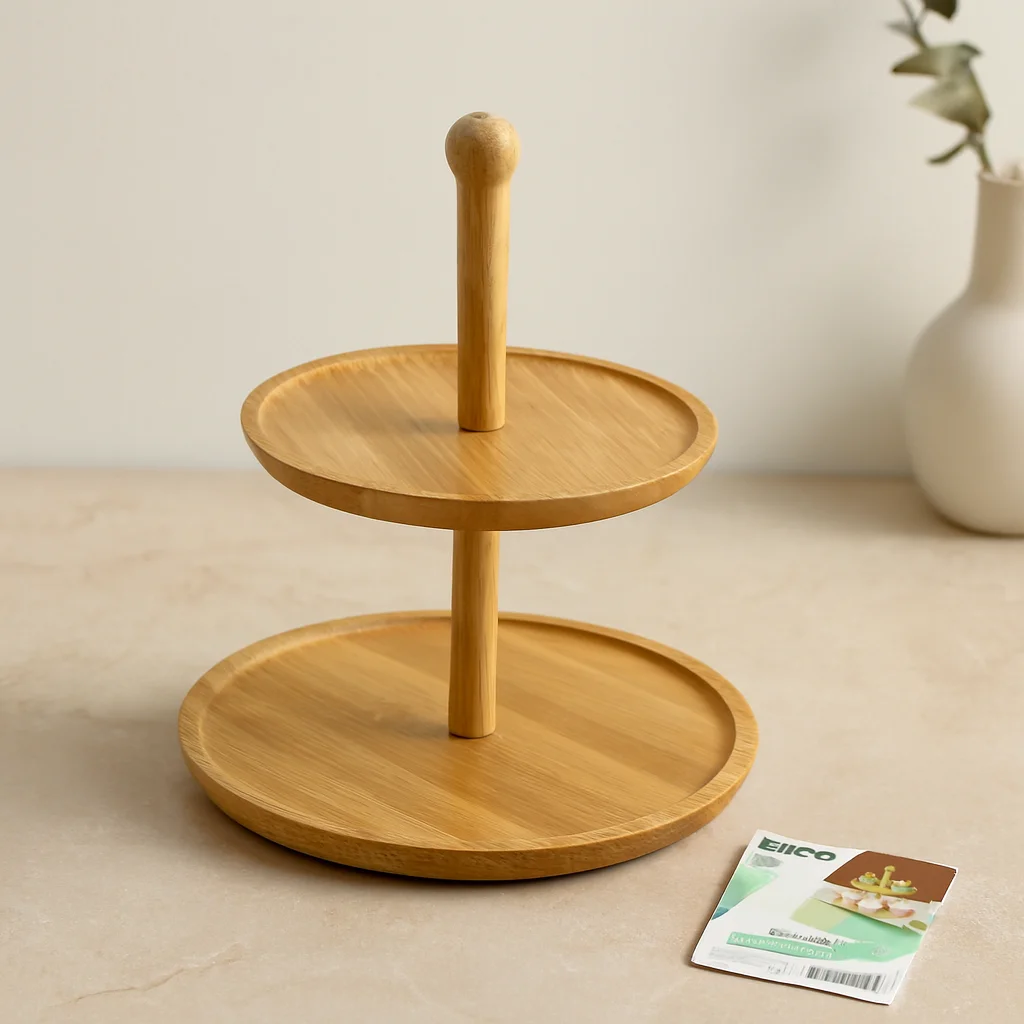 Yuvarlak 2 Katlı Ahşap Bambu Servis Sunumluğu 20/25 cm