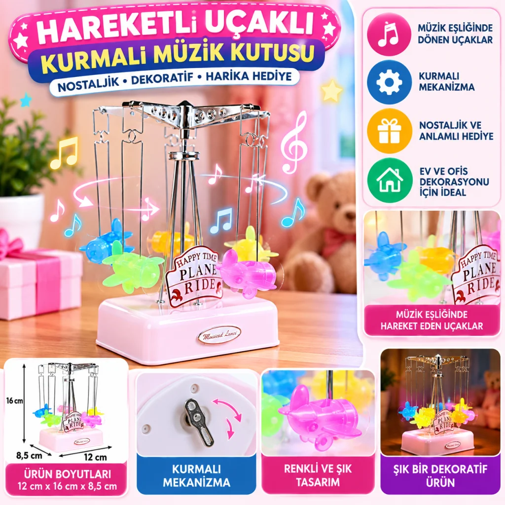 Hareketli Uçaklı Kurmalı Hediyelik Küçük Müzik Kutusu Aleti