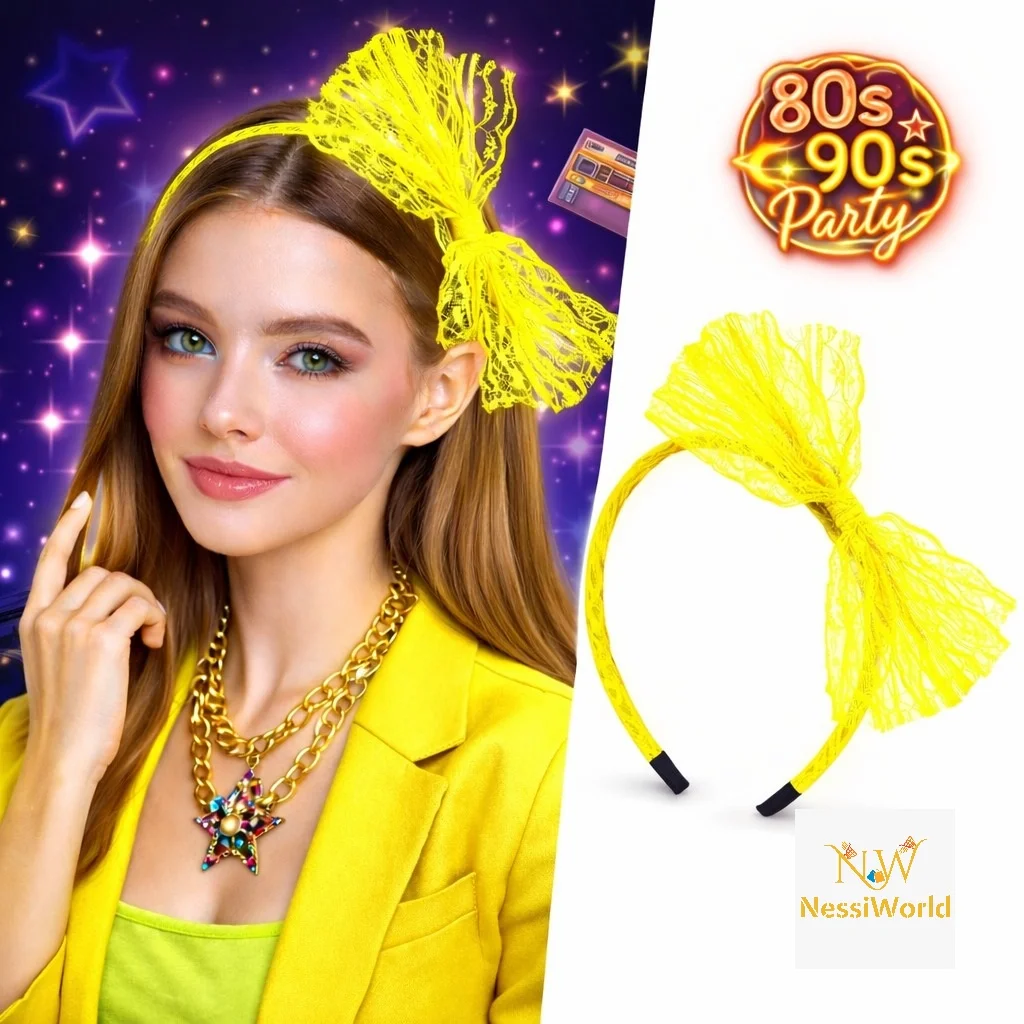 80’ler 90’lar Neon Sarı Dantel Taç Fiyonklu görsel 2