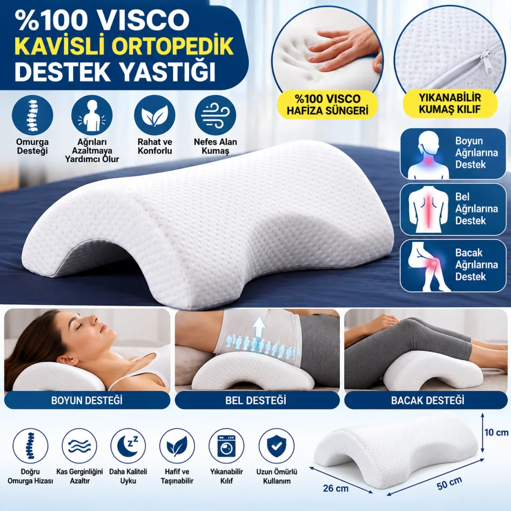 % 100 Visco Kavisli Ortopedik Yıkanabilir Kumaş Kılıflı Bel Boyun Bacak Ağrıları İçin Yastık