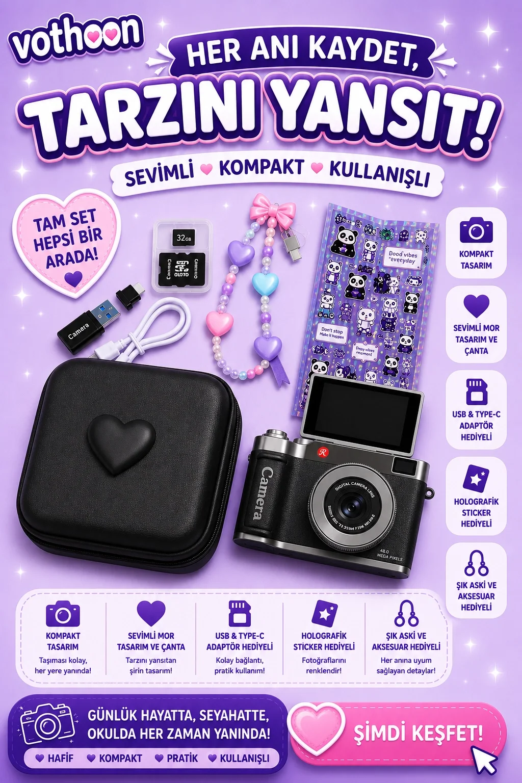 4K Çantalı Dijital Retro Video Kamera 48MP 16X Zoom Işıklı (32GB) Kart Dijital Fotoğraf Makinesi siyah