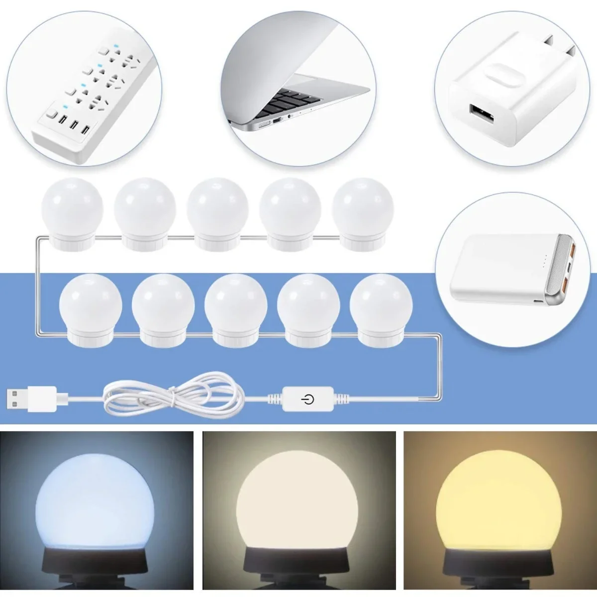 Nostalji Hollywood Tarzı 10lu Makyaj Masası Aynası Beyaz Led Işıklı Lamba USB görsel 5