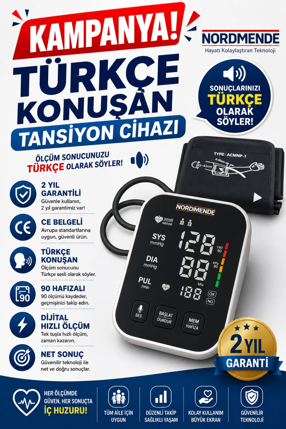 Türkçe Konuşan Şarjlı Dijital Tansiyon Aleti | Büyük LCD Ekran, Otomatik Kol Tipi, Hafızalı