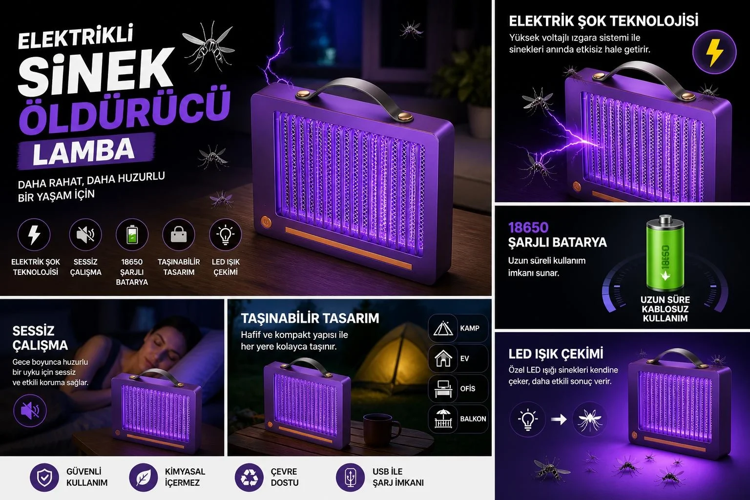 Elektrikli Sinek Öldürücü Lamba | Şarjlı, Sessiz, LED Işıklı Etkili Koruma görsel 4