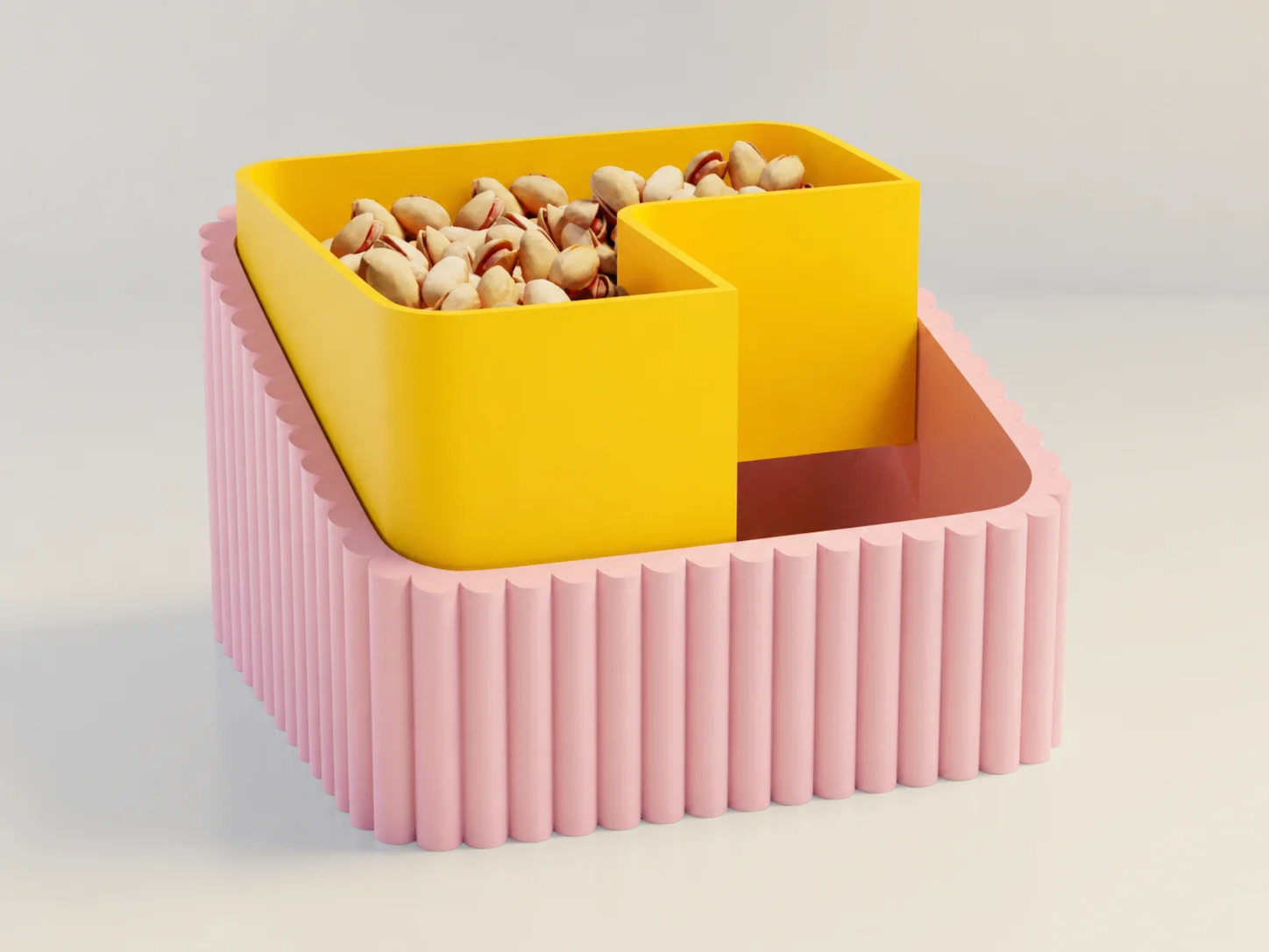 3D Baskı Fıstık Kasesi - Çift Hazneli Kabuk Ayırıcı Sunum Kasesi - Pembe Sarı