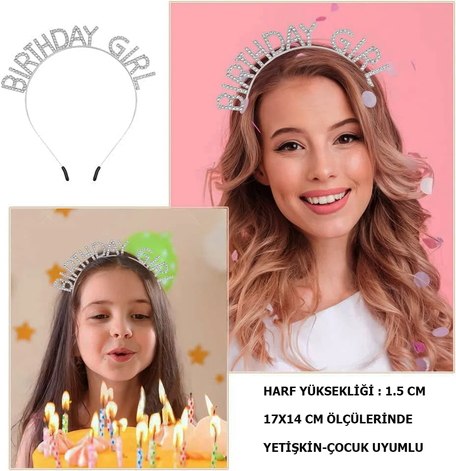 Kristal Taşlı Gümüş Birthday Girl Yazılı Doğum Günü Parti Tacı 19x11cm görsel 2