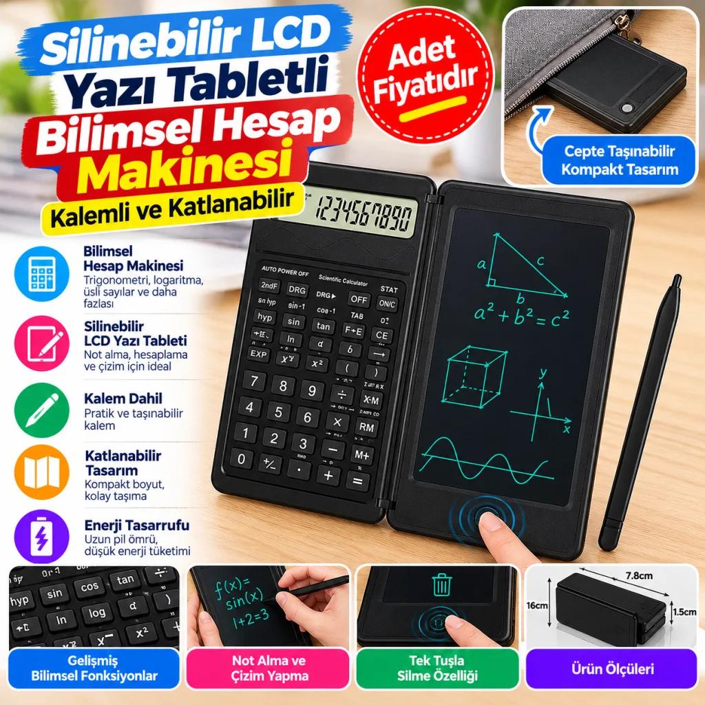 Silinebilir LCD Yazı Tabletli,Kalemli Katlanabilir Bilimsel Hesap Makinesi