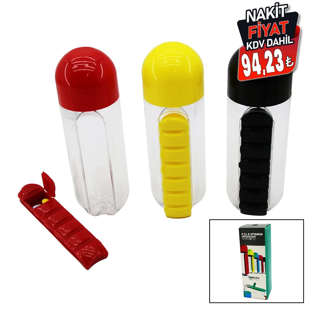 İlaç Kutulu Plastik Suluk Matara Renkli Bardak Kapaklı 600ML görsel 2
