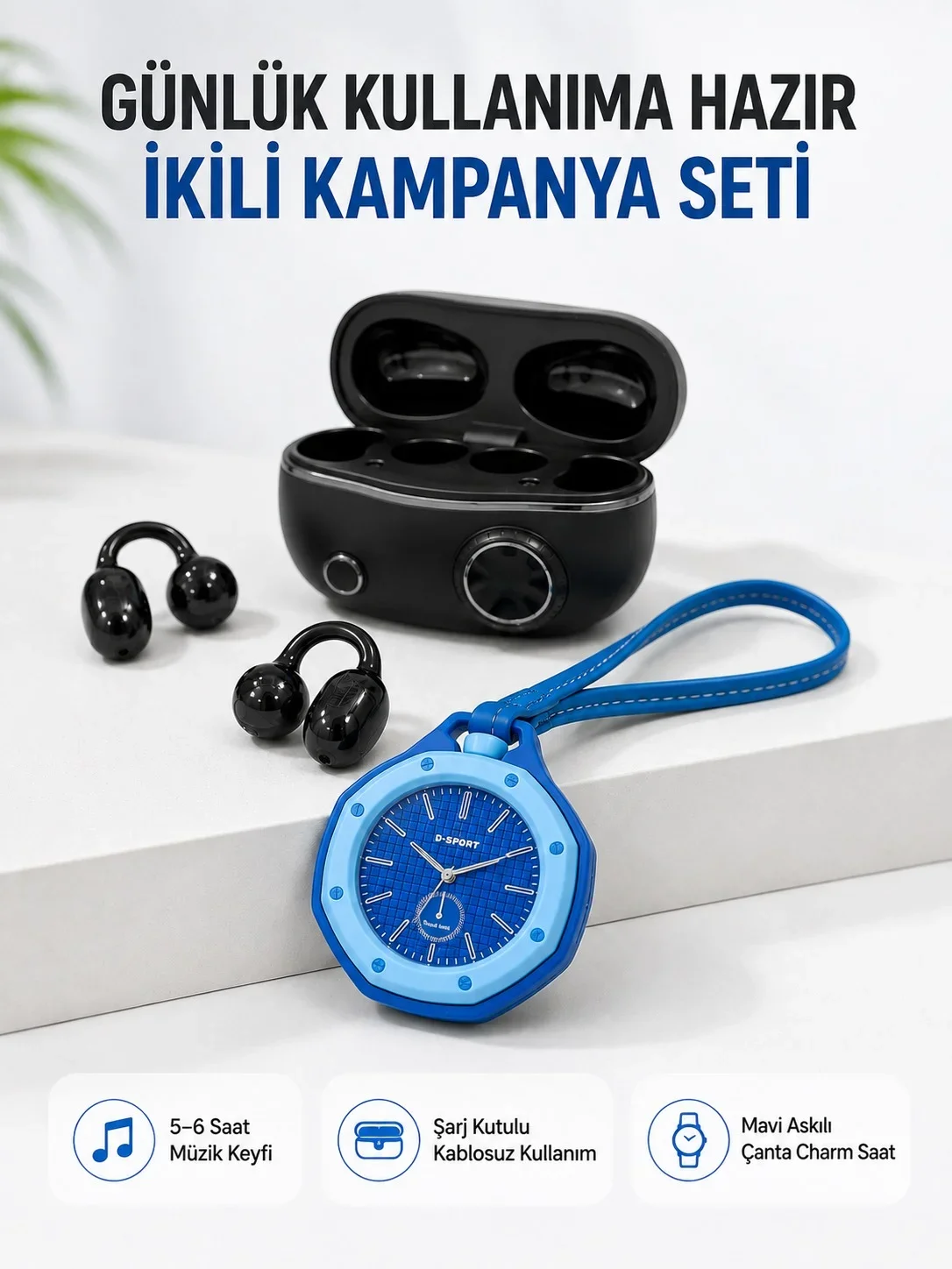 Kablosuz Kulaklık Mavi Çanta Aksesuar Saati Kampanyalı Müzik ve Günlük Kullanım Seti