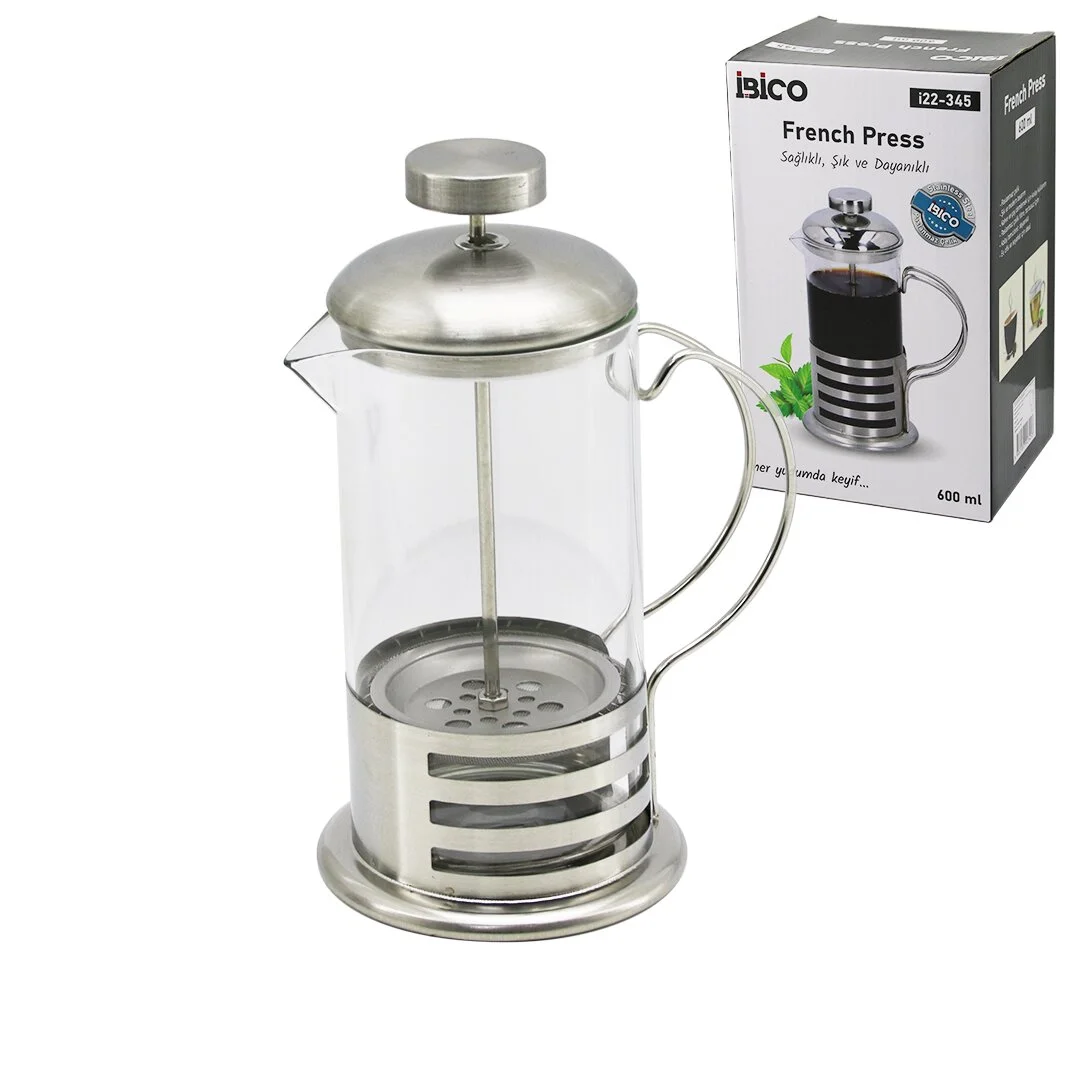French Press Metal Kafes - Metal Kapak 600ML Cam Bitki Süzgeçi