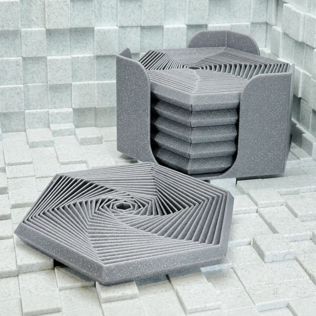 3D Baskı Super Fidget Coaster Seti - Altıgen Desenli Bardak Altlığı ve Tutucu-Gri