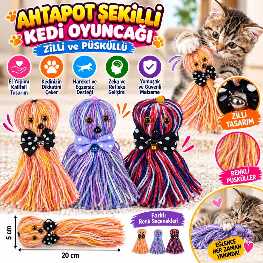 Ahtapot Şekilli Zilli Ve İpli Rengarenk Püsküllü Sevimli KediOyuncağı