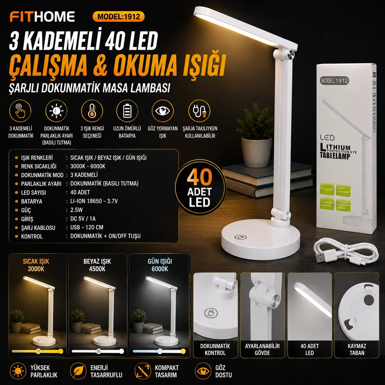 3 Kademeli 40 LED Çalışma Okuma Işığı Şarjlı Dokunmatik Çalışma Masa Lambası