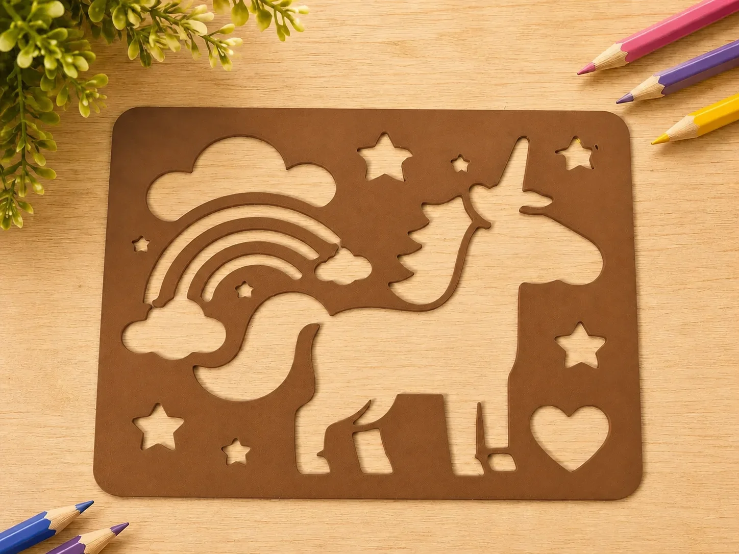 3D Baskı Unicorn ve Gökkuşağı Çizim Şablonu - Desen Kalıbı - Kahverengi