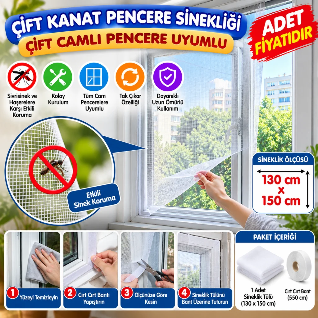 Tüm Cam Pencere Kapılara Uyumlu Çift Kanat Pencere Sinekliği (adet fiyatıdır)