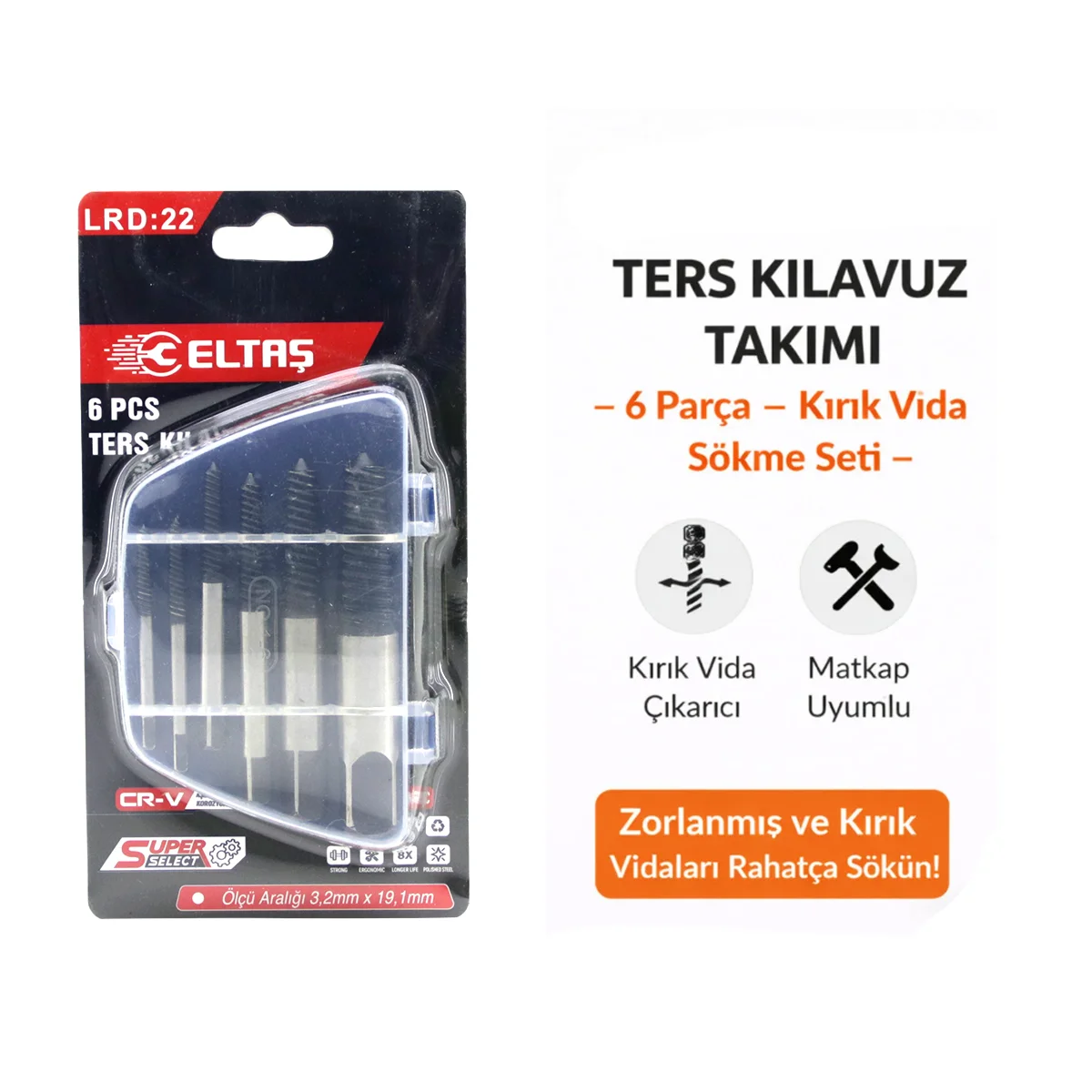 Ters Klavuz Uç Vida Çıkarıcı Seti 6 Parça (3-22 mm) görsel 2