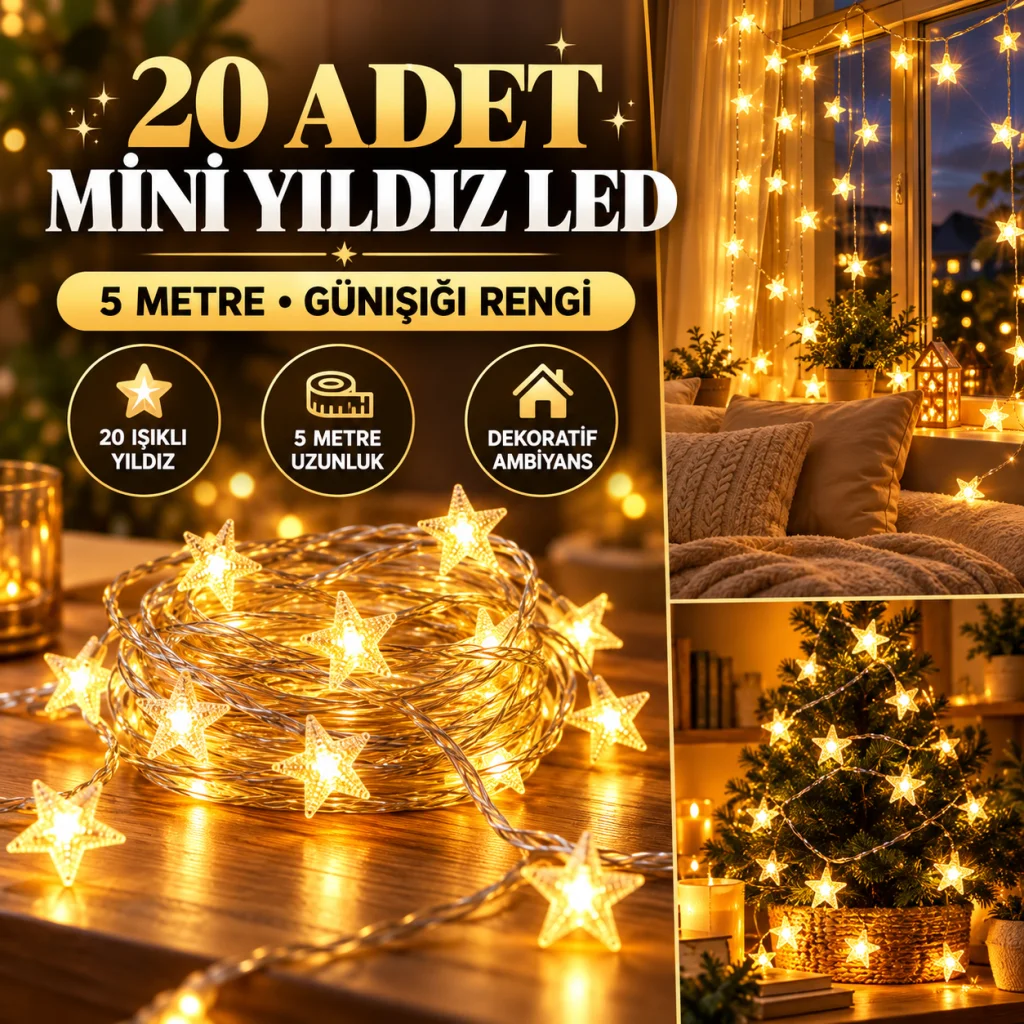 20 Adet Mini Yıldız Led 5 Metre Günışığı Rengi Dekoratif Led