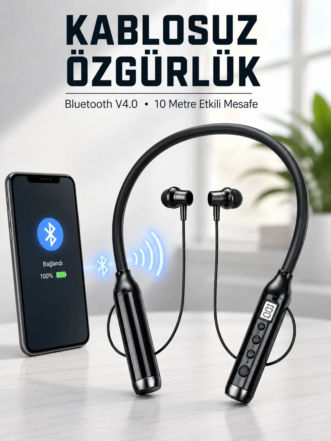 Kablosuz Bluetooth Boyun Kulaklığı 10 Metre Menzilli krofonlu Ses Kontrollü Uzun Kullanım Süreli Kulak İçi Kulaklık