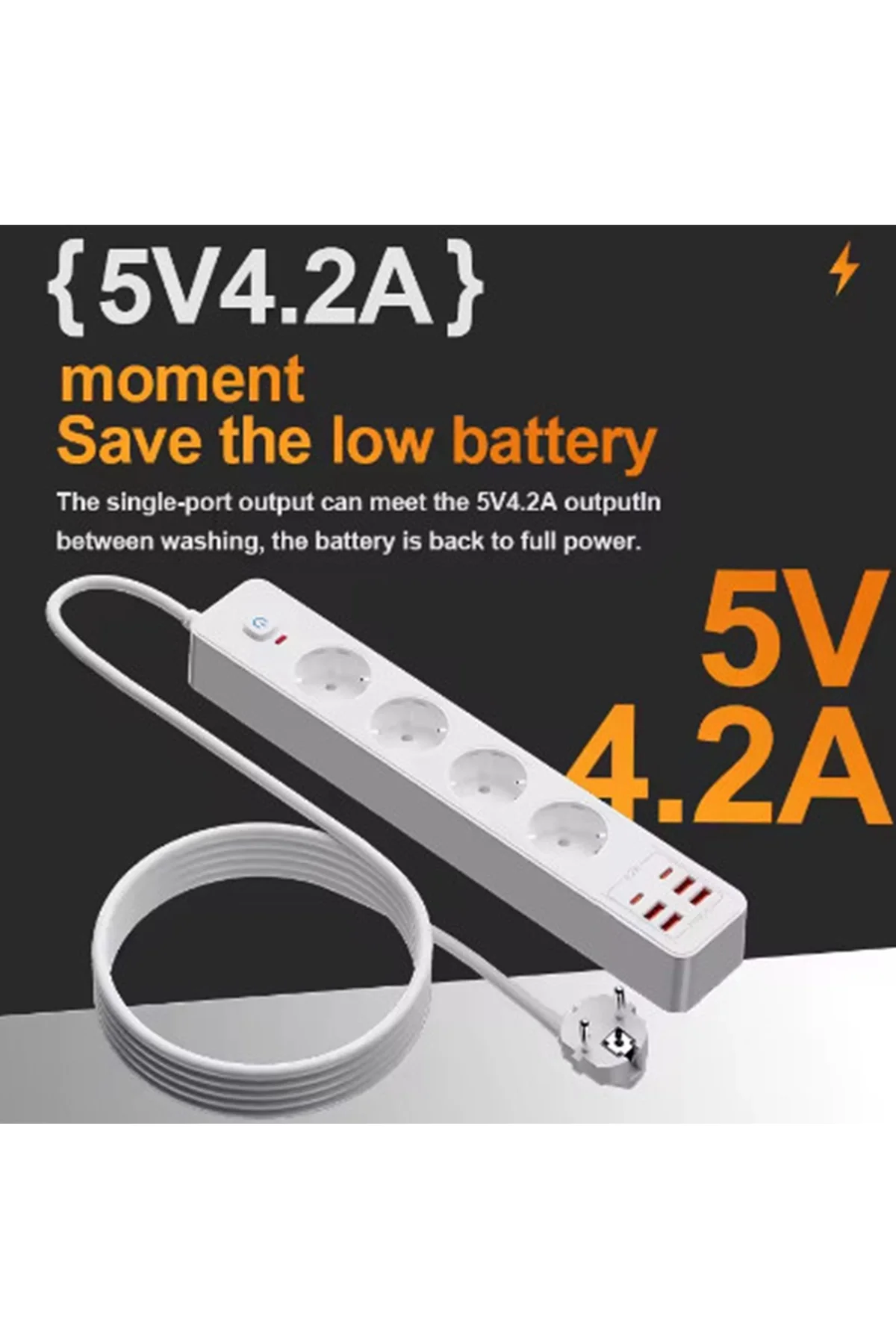 Termal Akım Korumalı 4’lü Priz 4x USB 2x Type-C Çıkışlı Grup Priz Çoğaltıcı (3500W) görsel 4