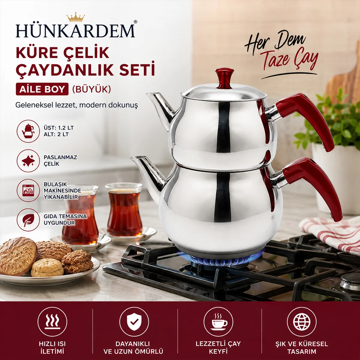 Büyük Küre Çelik Çaydanlık Seti Üst 1.2 Lt Alt 2.0 Lt görsel 3