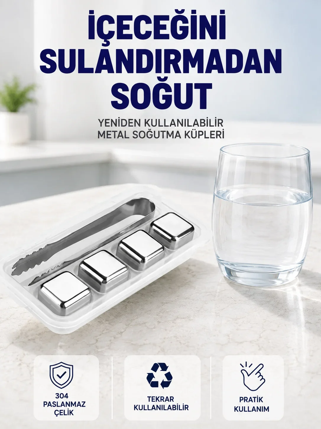 Paslanmaz Çelikten Üretilş Metal Buz Küpü Seti ve Buz Klipsi