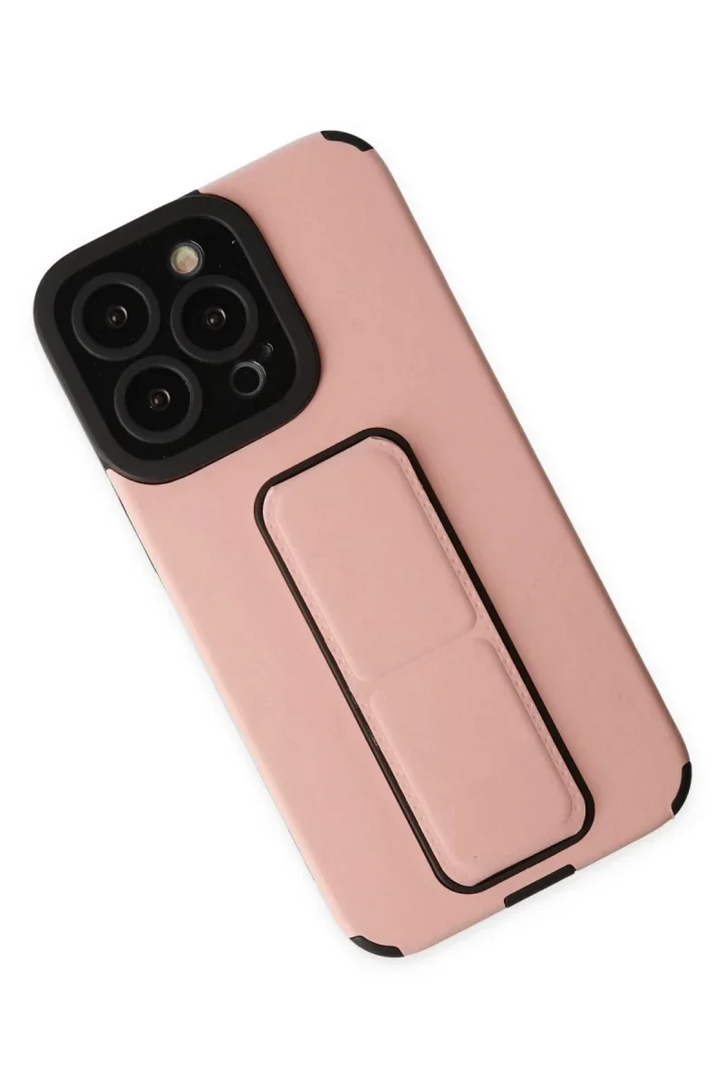 Apple iPhone 14 Pro Kılıf Mega Standlı Silikon - Pudra görsel 2