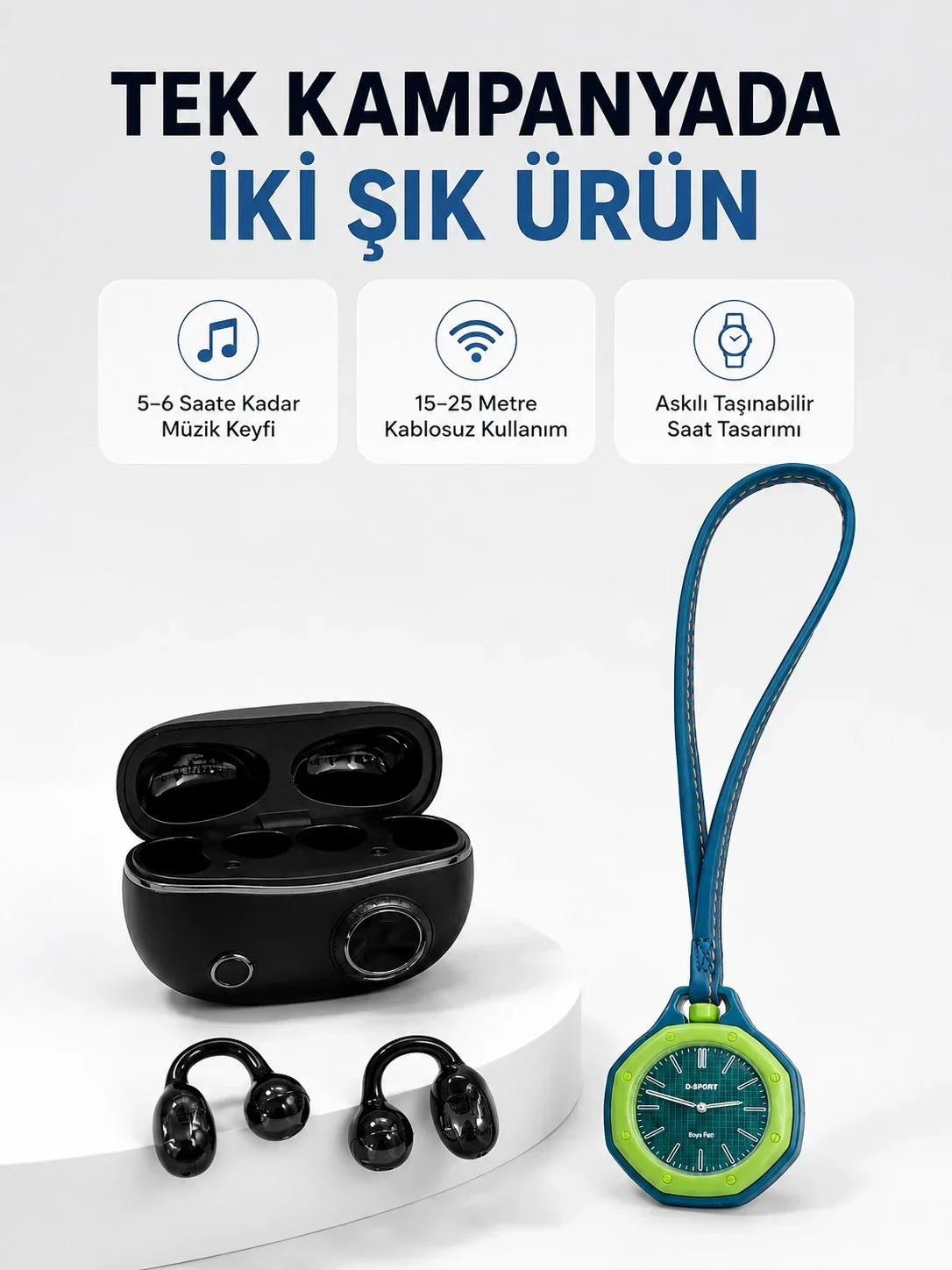 Yeşil Çanta Charm Saat ve Kablosuz Bluetooth Kulaklık İkili Kampanya Seti Günlük Kullanım