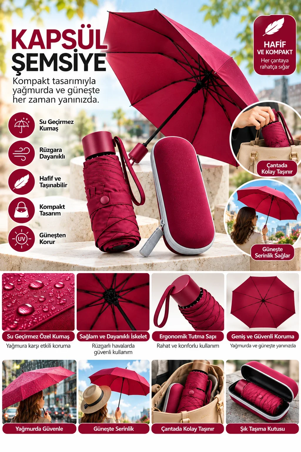 Kapsül Şemsiye Bordo görsel 3