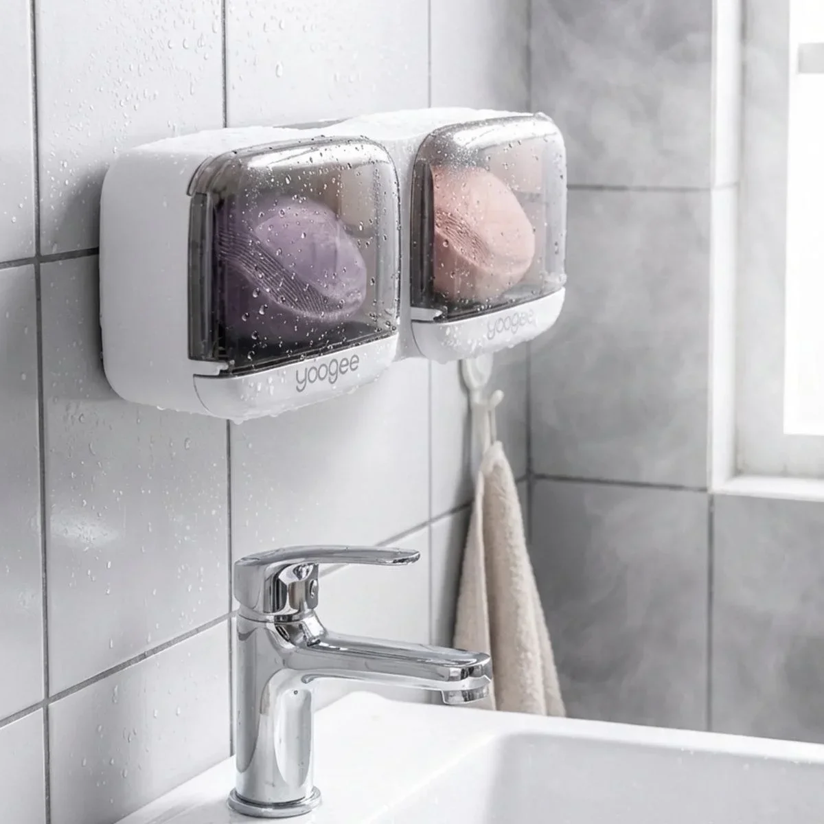 Duvara Monte İkili Kapaklı Plastik Katı Sabunluk Organizer – Banyo & Mutfak İçin Yapışkanlı Sabun Kutusu ve Düzenleyici görsel 4