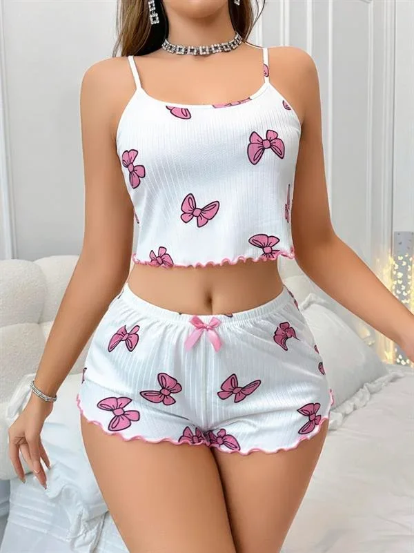 Pamuklu Beyaz Üstüne Pembe Kurdela Desenli Fitilli Askılı Şortlu Pijama Takımı görsel 2