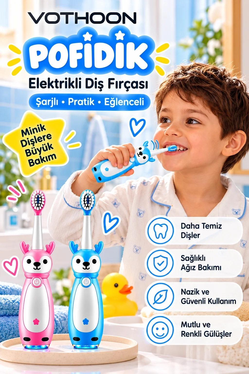 Pofidik Çocuklar İçin Şarjlı Elektrikli Diş Fırçası 3 Modlu Titreşimli Şarjlı Yedek Başlık Hediyeli Mavi görsel 3