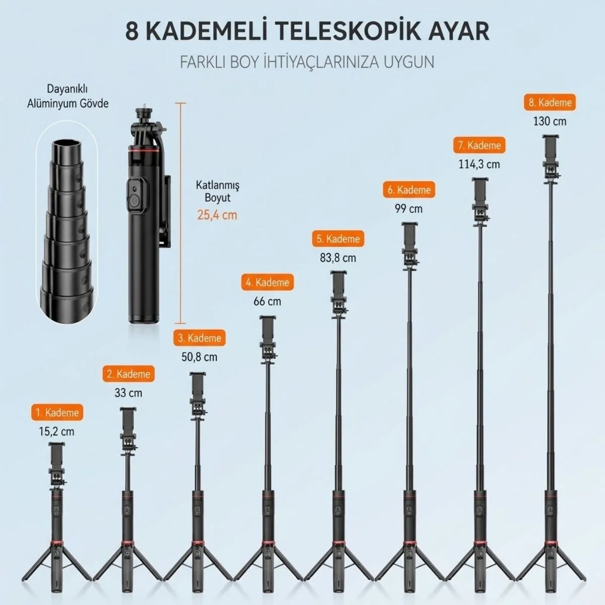 130 cm Uzayabilen Manyetik Kumandalı Tripod ve Ayarlanabilir Telefon Tutuculu, Alüminyum Gövdeli Selfie Çubuğu görsel 5